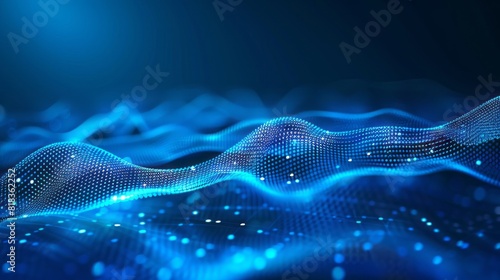 Abstract blue tech background with digital waves, dynamic network system, artificial neural connections, cyber quantum computing and electronic global intelligence 