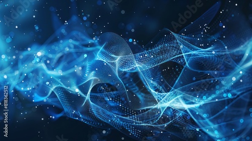 Abstract blue tech background with digital waves, dynamic network system, artificial neural connections, cyber quantum computing and electronic global intelligence 