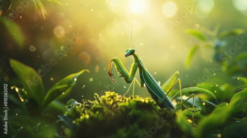 Green praying mantis, beautiful insect sitting on a plant