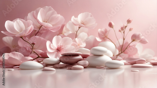 Serene spa background with pink flowers, smooth stones, and soft lighting for relaxation.