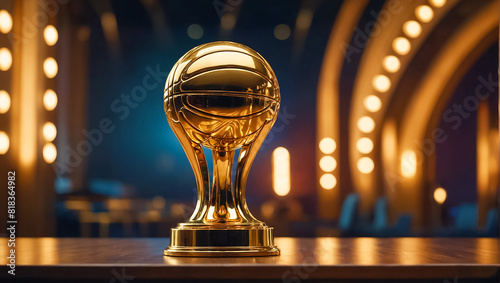 Golden trophy cup winner basketball ball