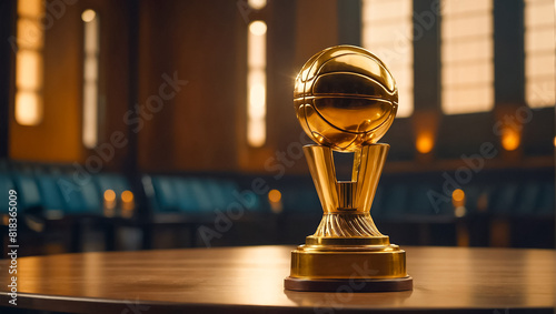 Golden trophy cup winner basketball ball