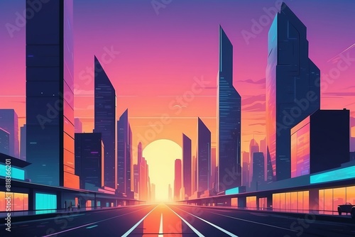 Futuristic city, business district at sunset, flat vector style illustration. 