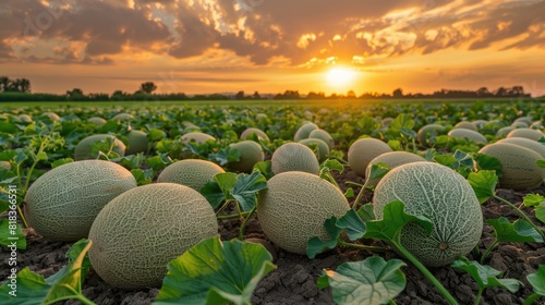Cantaloupe field at golden hour sunset. Organic melons at fruit and berry farm