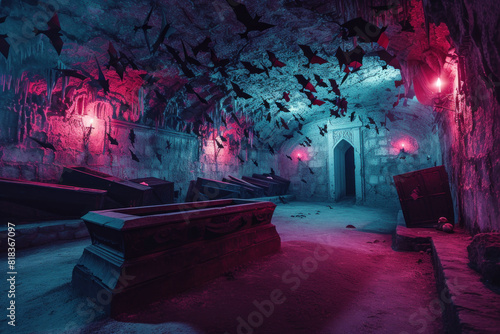 An eerie underground crypt bathed in red light, with open coffins and bats fluttering overhead, evokes a chilling atmosphere.
