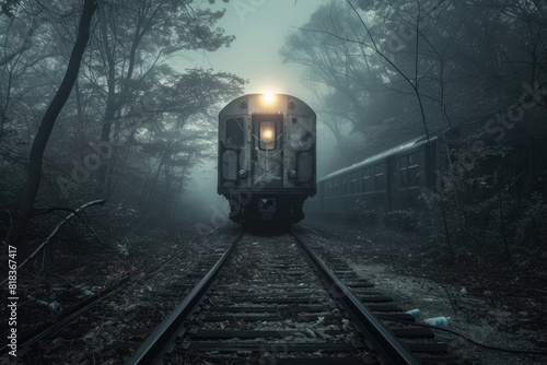 An eerie glow emanates from a train approaching through a dense, foggy forest, creating a mysterious and haunting atmosphere.