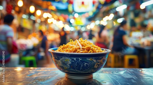 Noodles in Bowl on wooden table blurry background