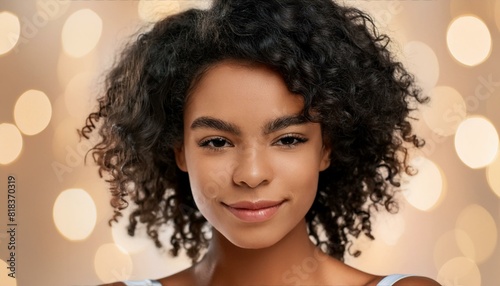 A young Black woman with natural curly hair, wearing a sleek black dress, looking gracefully