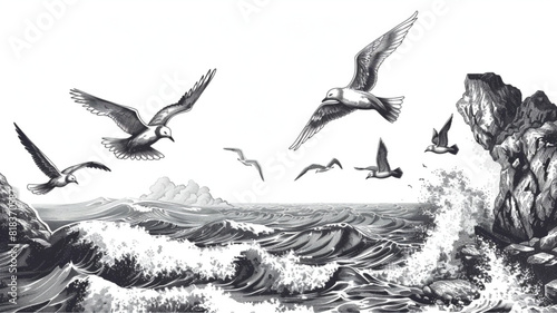  Birds fly over the sea. Seascape with waves, seagulls. Travel concept. Hand drawn landscape in vintage engraving style 3d avatrs set vector icon,