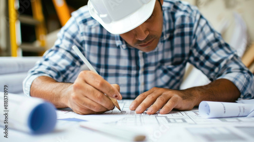 An engineer in a hard hat closely examines and marks plans on a construction site, demonstrating attentiveness and precision in his work