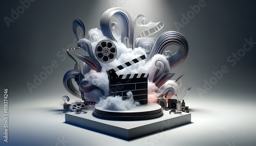 A dynamic cinema scene with clapperboard and film reels amidst swirling clouds and cameras, set against a moody backdrop.