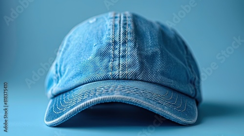 A blue baseball cap is sitting on a blue background. The cap is made of denim and has a light blue brim. The cap is well-worn and has a faded look.
