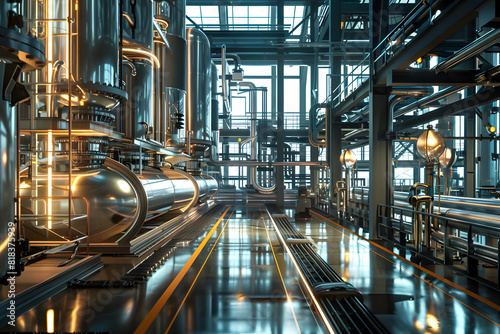 3d-rendered image of a modern industrial complex with metallic structures and pipelines