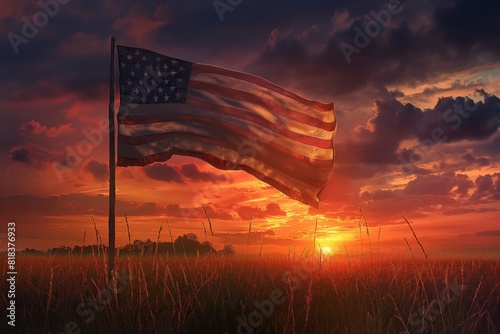 US flag in a scenic view of nature and sunset