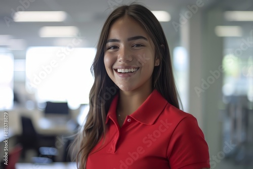 A young mexican community manager wearing a red polo shirt in a well illuminated white office, laugh