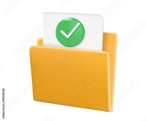 Open documents folder with checkmark icon, access concept. Computer folder icon with document. Data storage Security