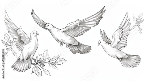  Flying peace dove with olive branch. Spiritual purity symbol sketch. Vector illustration in vintage engraving 3d avatrs set vector icon,