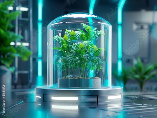 A blank podium showcase with a model of a glass container holding green plants