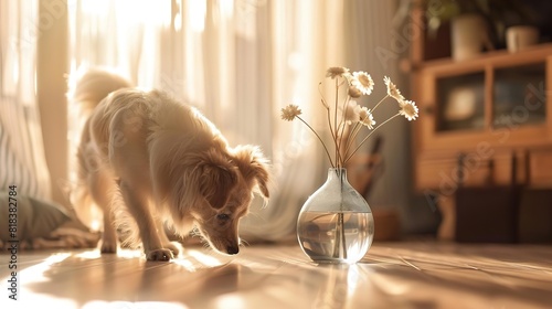 A cute dog is lying on the floor next to a potted plant