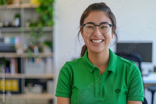 A young mexican community manager wearing a green polo shirt in a white office, laugh