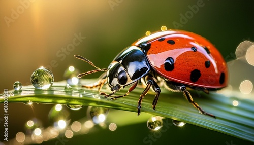 ladybug on a green leaf. A detailed macro shot of a bright red ladybug perched on a single blade of grass,