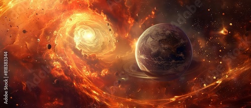 A surreal scene featuring two planets in the midst of a cosmic explosion