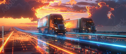 A surreal scene featuring two futuristic semitrucks on a digital highway