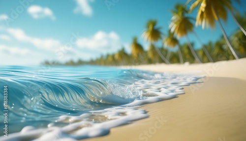 beach with palm trees. A serene beach scene with soft white sand, gently lapping waves, and tall palm trees swaying