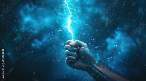 Hand holding up a lightning bolt. Energy and power. Stormy background. Blue glow