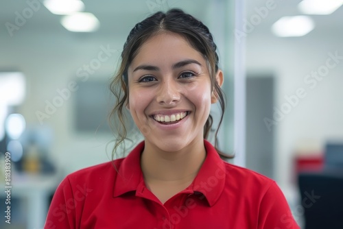 A young mexican community manager wearing a red polo shirt in a well illuminated white office, laugh