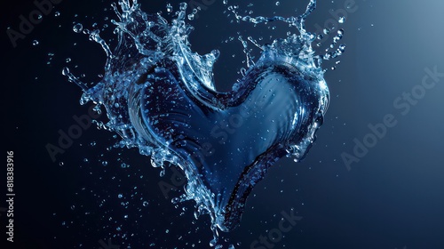 Heart splash of blue water isolated on dark blue background