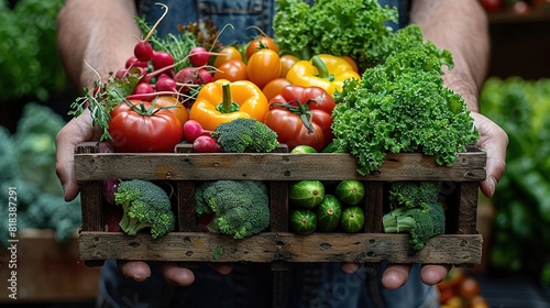 A farmer holds a wooden crate full of fresh, organic vegetables