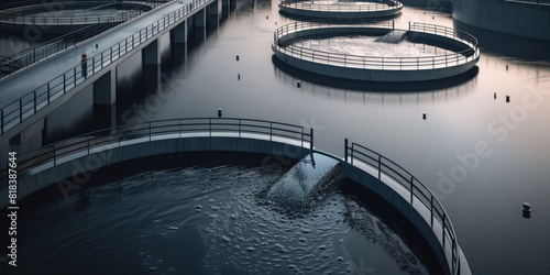 Blackwater treatment tank with waste water, water clarifier cleaning. Nobody, industry sewer systems. 