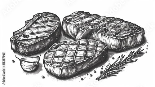  Hand drawn meat steak grilled in vintage engraving . Roast beef, grill food, barbecue sketch. Vector illustration 3d avatrs set vector icon,