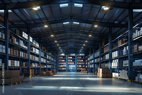 Large warehouse with high shelves filled with boxes and cartons of goods, illuminated by bright lights, showcasing the concept of storage in industry or business