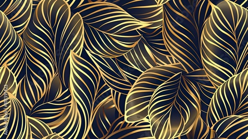 Vector golden leaves, seaweed, algae botanical modern, art deco wavy wallpaper background pattern. 