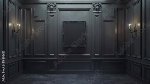Dark empty room with wooden paneled walls and sconces on the wall.