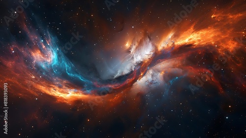 The image shows a colorful nebula in space with bright stars and dust.