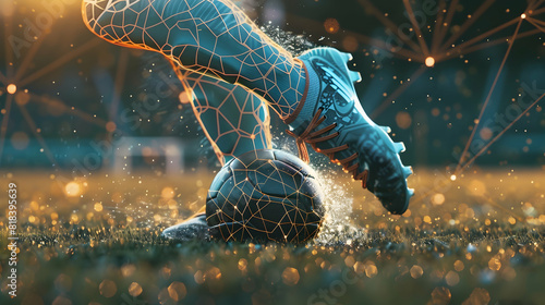 Generative AI, football boot kicking a soccer ball, goal moment on the stadium PHOTOGRAPHY