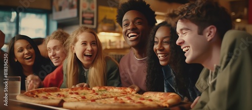 a group of young people eating pizza together