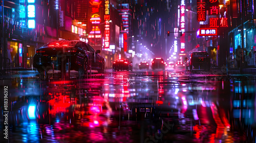 Generative AI, Night scene of after rain city in cyberpunk style, futuristic nostalgic 80s, 90s. Neon lights vibrant colors, photorealistic horizontal illustration. See Less PHOTOGRAPHY