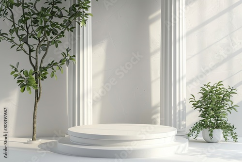 A white pedestal with a tree in front of it