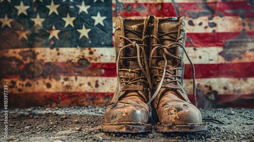 Memorial Day Tribute: Old Army Combat Boots Against American Flag, Honoring Fallen Soldiers Worldwide