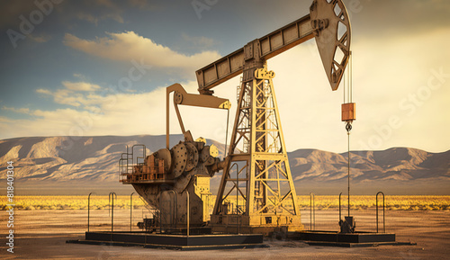 Oil pumpjack on oil well in sandy desert