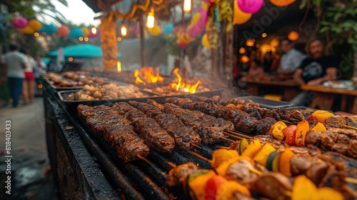 Flaming Barbecue Skewers at Outdoor Festival