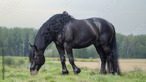 A stunning and regal draft horse, this portrait captures the essence of a Black Percheron gelding grazing on a lush summer pasture. Its beauty and majesty are truly remarkable
