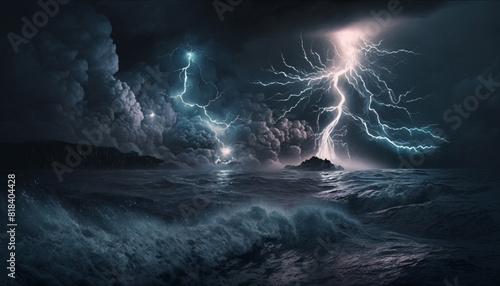 Lightning storm at sea, with a powerful and dangerous presence and a sense of raw energy and power