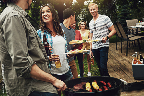 Friends, barbecue and help for serving with plate in backyard with diversity, cooking or meat on fire. People, men and women with beer, drink and relax for food by bbq grill on holiday in Australia