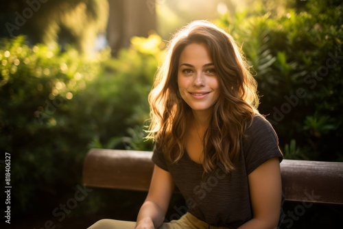 A Peaceful Moment Captured: Young Lady Relaxing on a Park Bench with Kids Frolicking Nearby