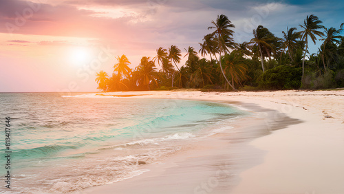 A stunning beach scene captured in a high-quality photograph. The sun is setting, casting a warm golden hue over the calm, turquoise waters. 